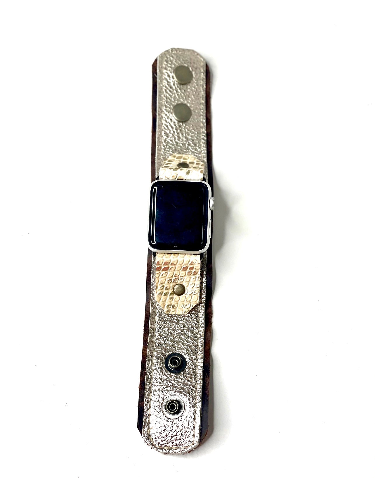 iwatch band with snaps silver with gold Croc accents (large) - Patches Of Upcycling