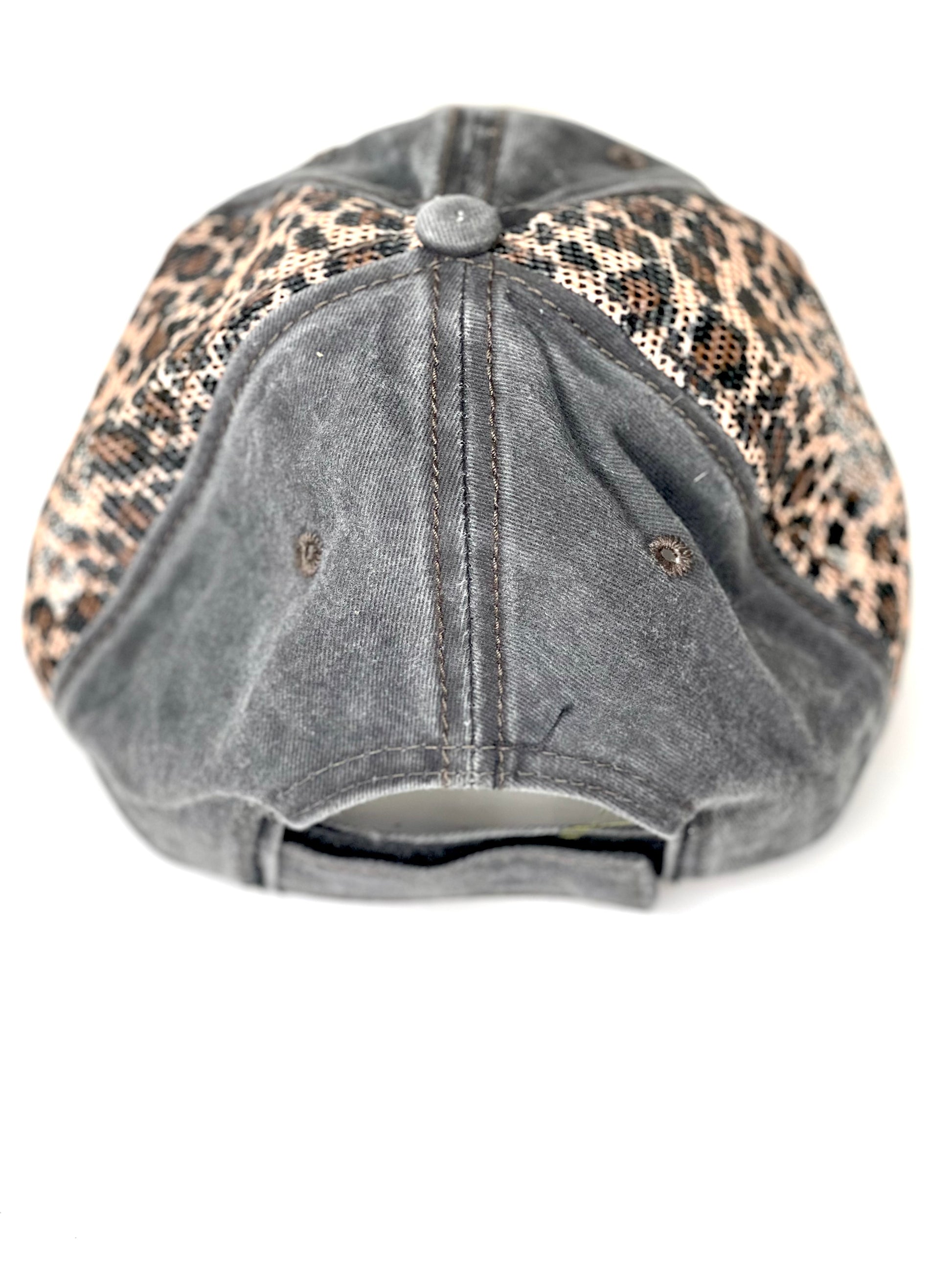 O3 - Faded Black hat with Reese leopard mesh backing Black/Black - Patches Of Upcycling