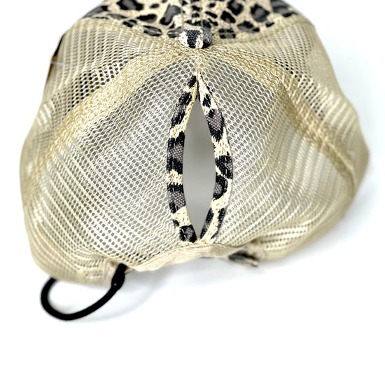 F2 - Cream Leopard Ponytail Trucker Hat Cream Mesh Black/Gold - Patches Of Upcycling