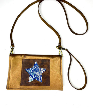 Small crossbody smooth gold with brown patch and blue snakeskin star - Patches Of Upcycling