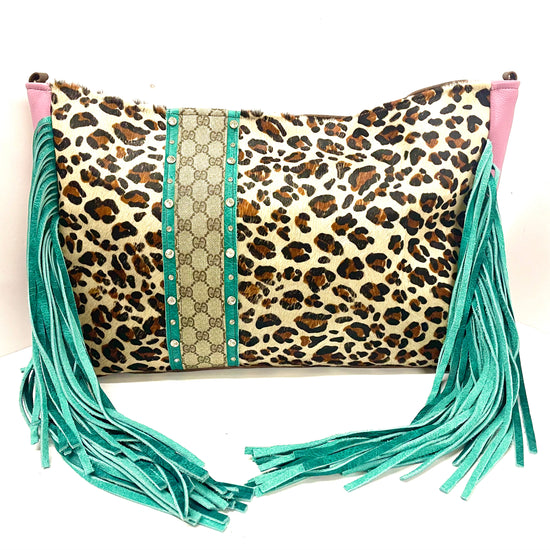Leather Tote in leopard with pink sides strip of GG in turquoise and Rhinestones - Patches Of Upcycling