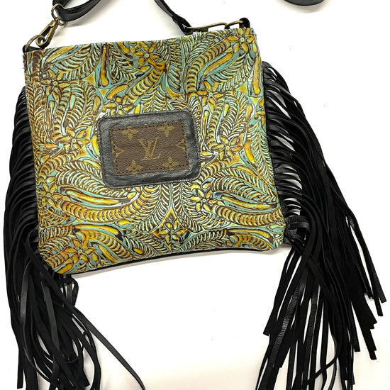Medium Crossbody - Turquoise & yellow swirl- Black with Patch - Patches Of Upcycling