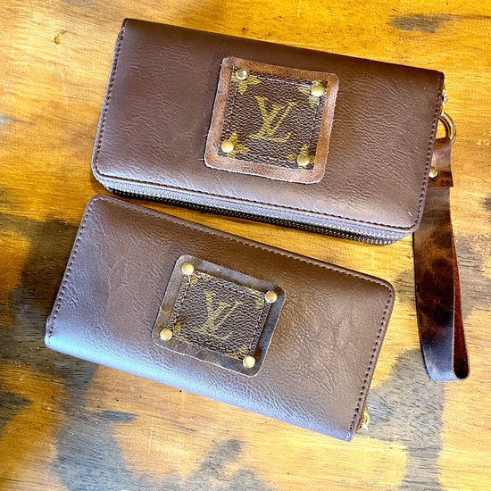 Single Wallet in Brown (brown patch, gold hardware) - Patches Of Upcycling