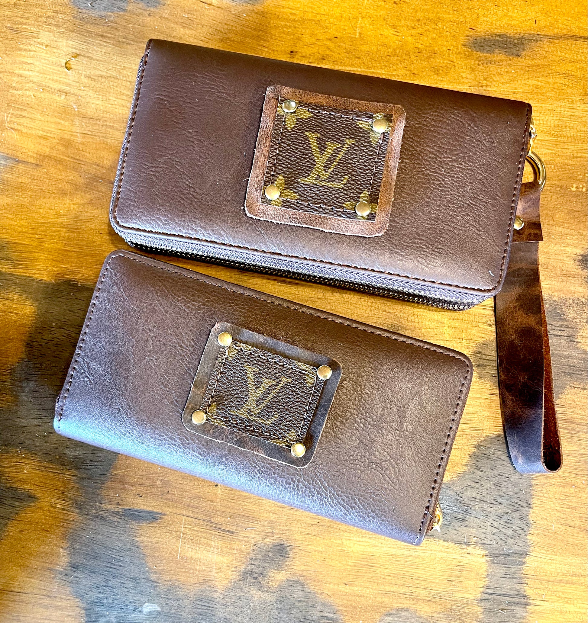 Single Wallet in Brown (brown patch, gold hardware) - Patches Of Upcycling