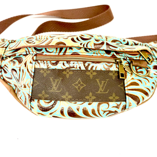 Adjustable Bum Bag STRIP LV - Patches Of Upcycling Embossed Turquoise Swirls Patches Of Upcycling