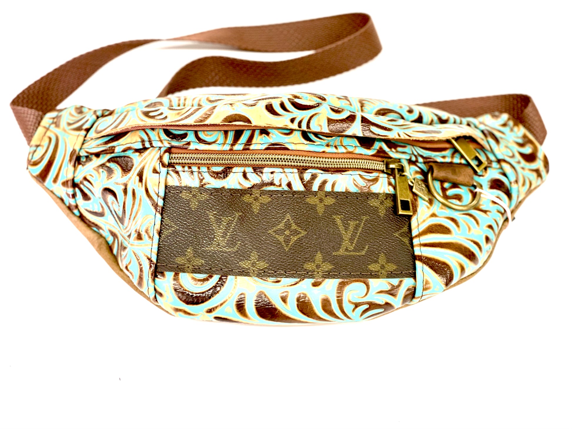 Adjustable Bum Bag STRIP LV - Patches Of Upcycling Embossed Turquoise Swirls Patches Of Upcycling