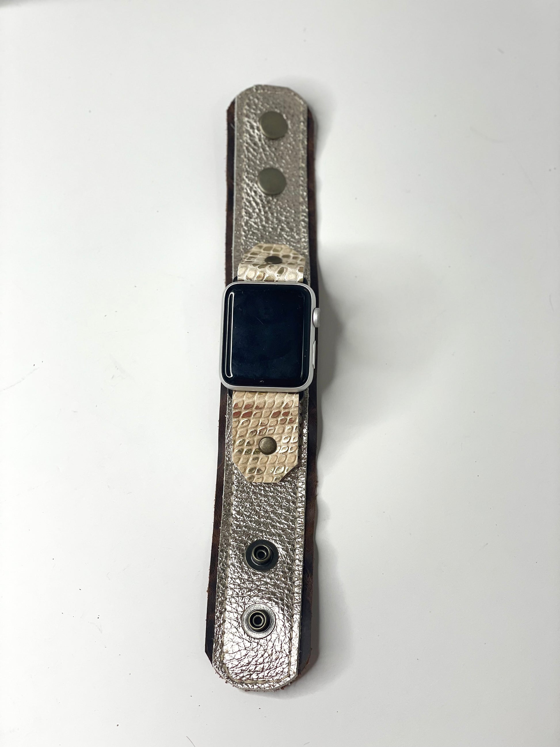 iwatch band with snaps silver with gold Croc accents (large) - Patches Of Upcycling